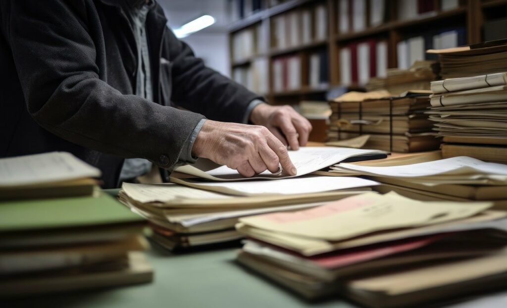 Gérer les archives hospitalières, archiviste en train de classer des documents d'archives