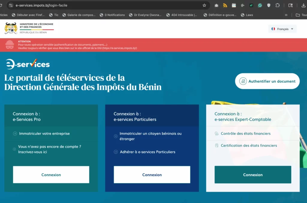 Capture d’écran du portail de demande de timbres fiscaux et enregistrement signifiant la dématérialisation des timbres fiscaux à la DGI Bénin.