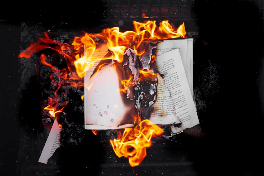Pile de documents en feu après la destruction des archives au Tchad