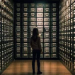 une personne dans une salle pour choisir le rayonnage d’archives