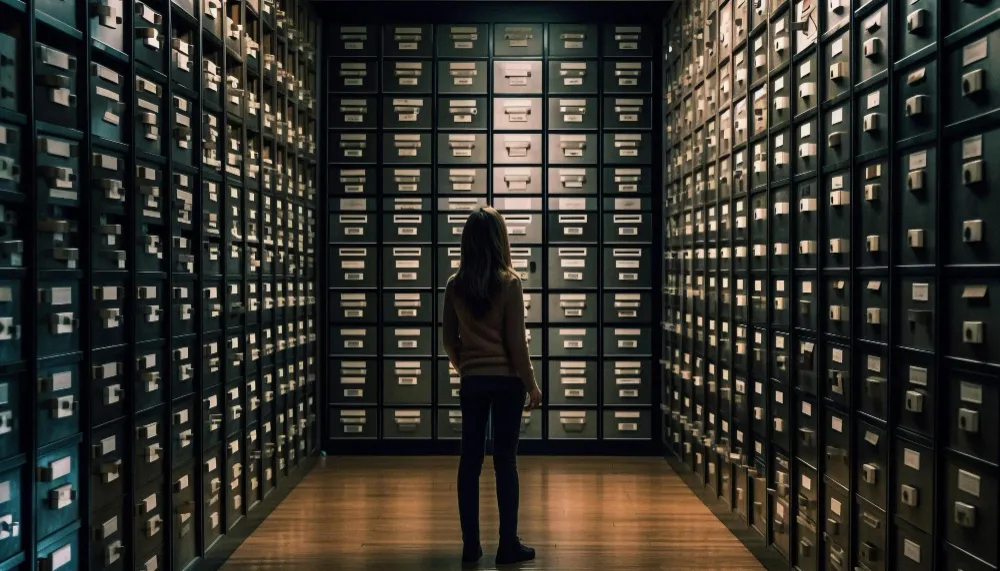 une personne dans une salle pour choisir le rayonnage d’archives