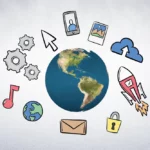 Image représentant la planète entourée de dossiers numériques illustrant l'impact environnemental de la gestion de l’information et pollution numérique dans les organisations