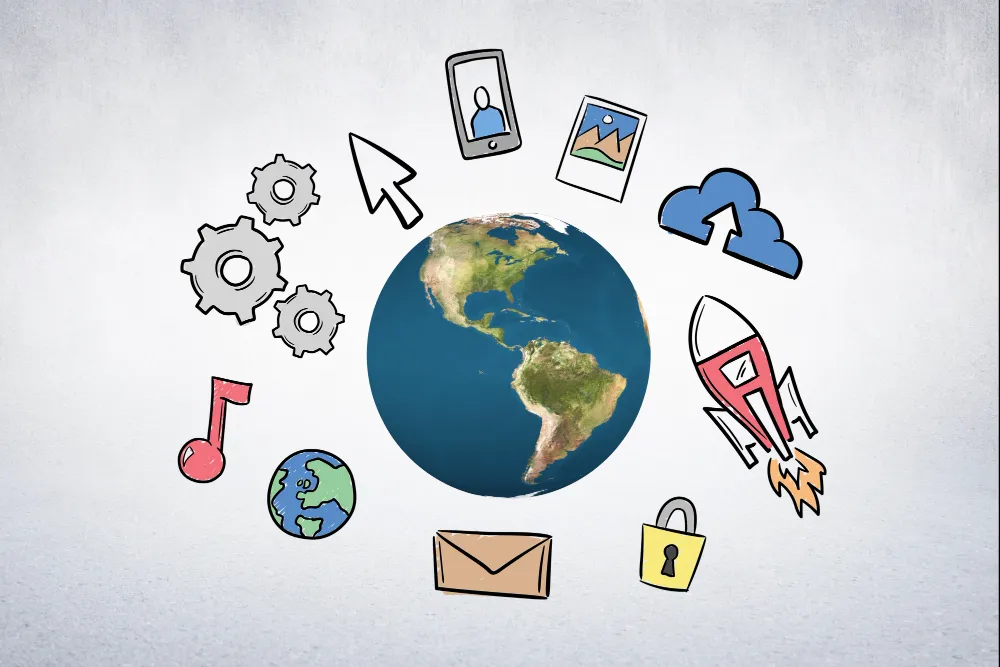 Image représentant la planète entourée de dossiers numériques illustrant l'impact environnemental de la gestion de l’information et pollution numérique dans les organisations